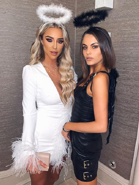 Mesh V-neck Stitching Mesh Feather Decoration Slim Dress Women Shello Creative Boutique