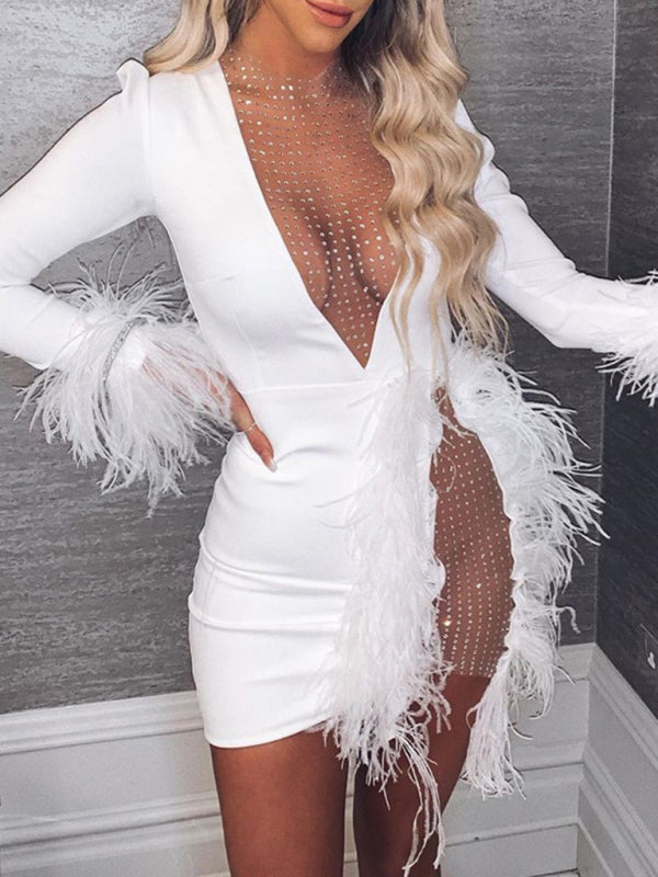 Mesh V-neck Stitching Mesh Feather Decoration Slim Dress Women Shello Creative Boutique