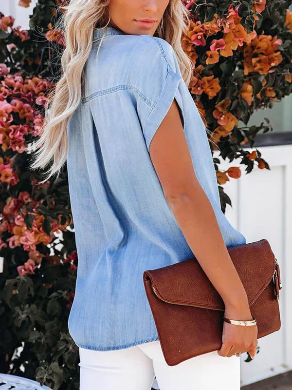 Women's Casual Lapel Denim Short Sleeve Shirt - Shello's Creative Boutique