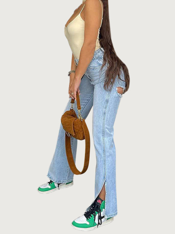 Women's High Waist Stretch Ripped Hem Slit Jeans Shello Creative Boutique