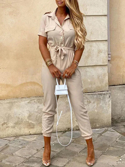 Women's Casual Cargo Jumpsuit with Lapel Collar, Buttoned Design, and Belt - Effortlessly Stylish for Every Occasion - Shello's Creative Boutique