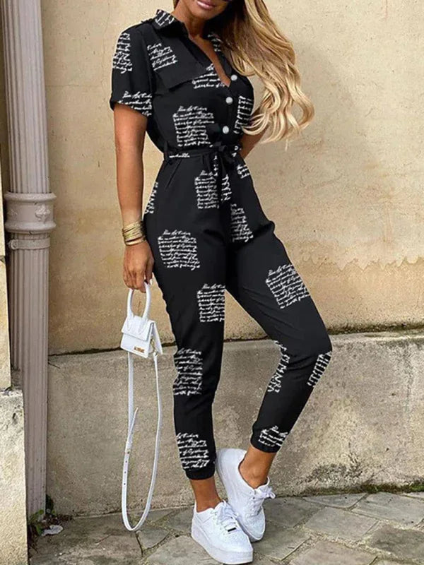 Women's Casual Cargo Jumpsuit with Lapel Collar, Buttoned Design, and Belt - Effortlessly Stylish for Every Occasion - Shello's Creative Boutique
