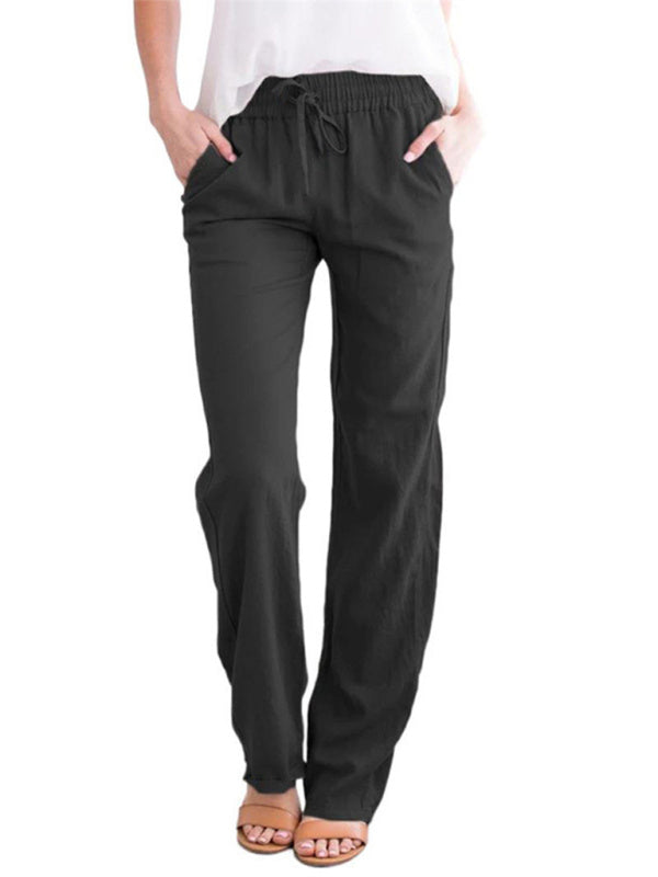 Women's Solid Color Cotton Linen Drawstring Loose Casual Wide Leg Trousers Shello's Creative Boutique
