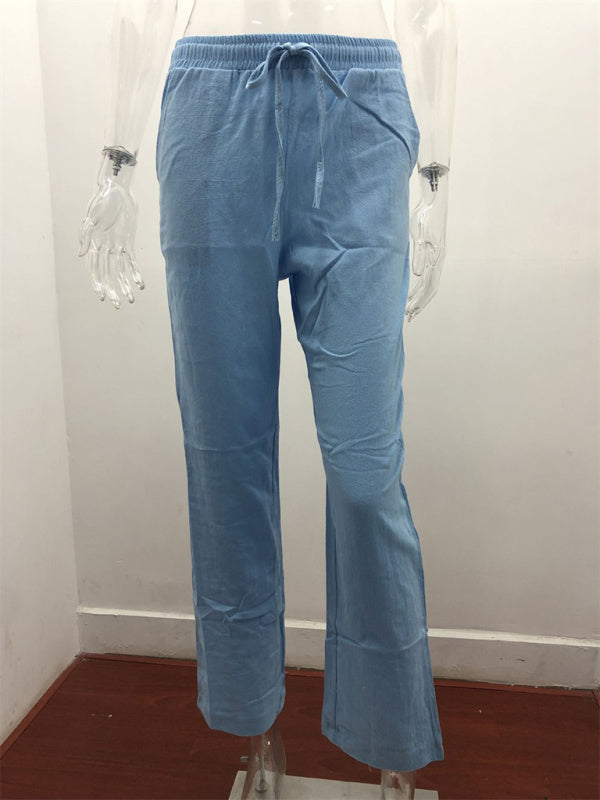 Women's Solid Color Cotton Linen Drawstring Loose Casual Wide Leg Trousers Shello's Creative Boutique