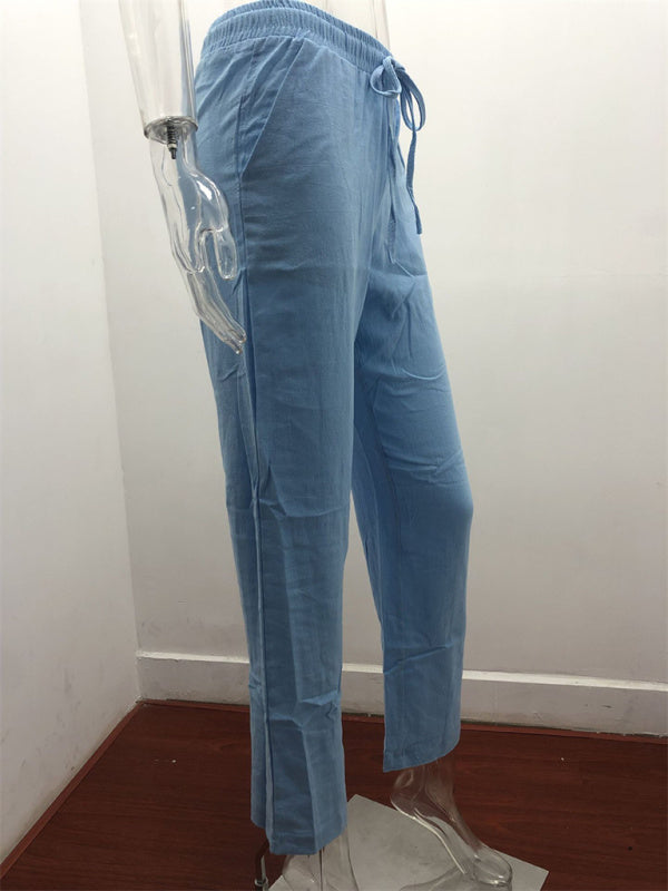 Women's Solid Color Cotton Linen Drawstring Loose Casual Wide Leg Trousers Shello's Creative Boutique