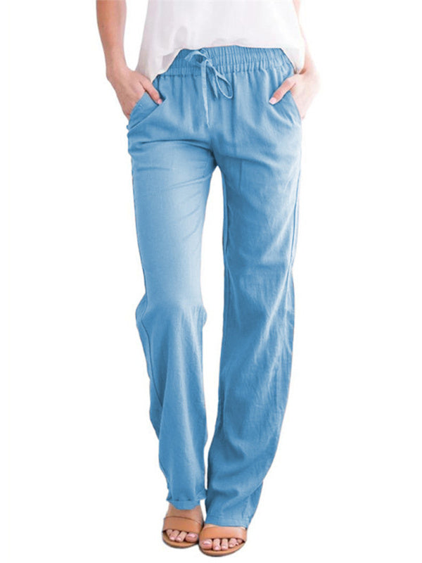 Women's Solid Color Cotton Linen Drawstring Loose Casual Wide Leg Trousers Shello's Creative Boutique