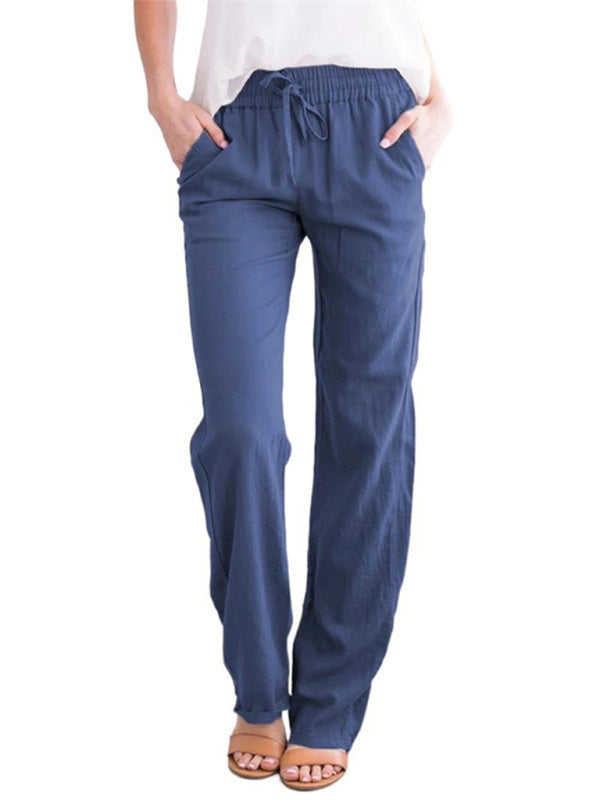 Women's Solid Color Cotton Linen Drawstring Loose Casual Wide Leg Trousers Shello's Creative Boutique
