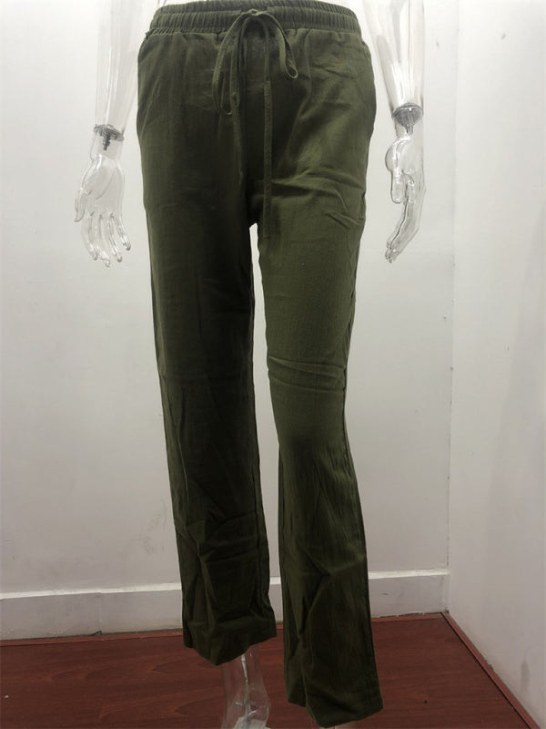 Women's Solid Color Cotton Linen Drawstring Loose Casual Wide Leg Trousers Shello's Creative Boutique