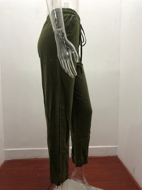 Women's Solid Color Cotton Linen Drawstring Loose Casual Wide Leg Trousers Shello's Creative Boutique