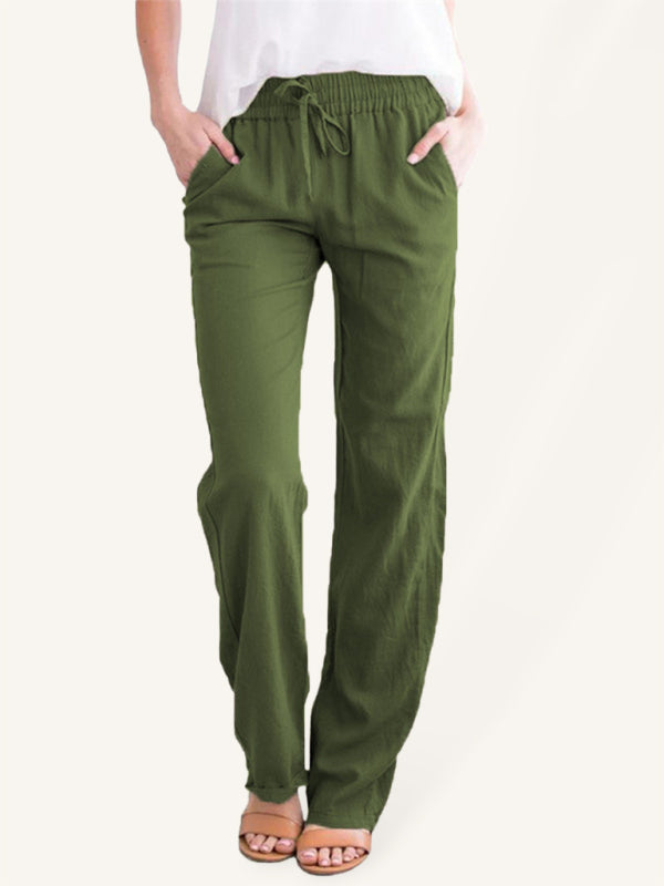 Women's Solid Color Cotton Linen Drawstring Loose Casual Wide Leg Trousers Shello's Creative Boutique