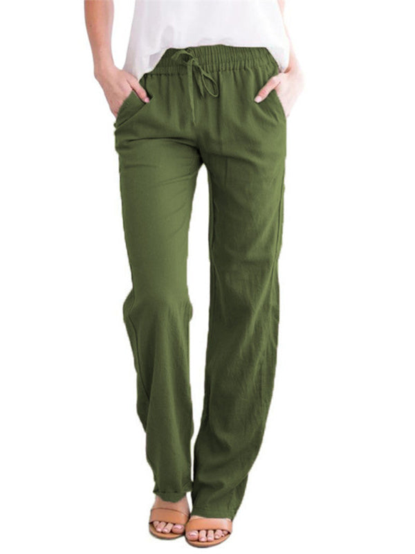 Women's Solid Color Cotton Linen Drawstring Loose Casual Wide Leg Trousers Shello's Creative Boutique