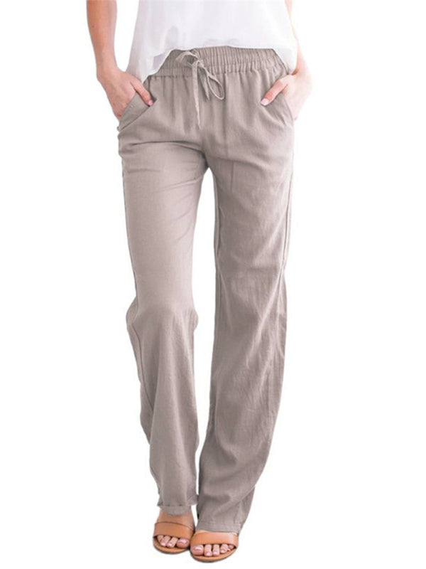 Women's Solid Color Cotton Linen Drawstring Loose Casual Wide Leg Trousers Shello's Creative Boutique