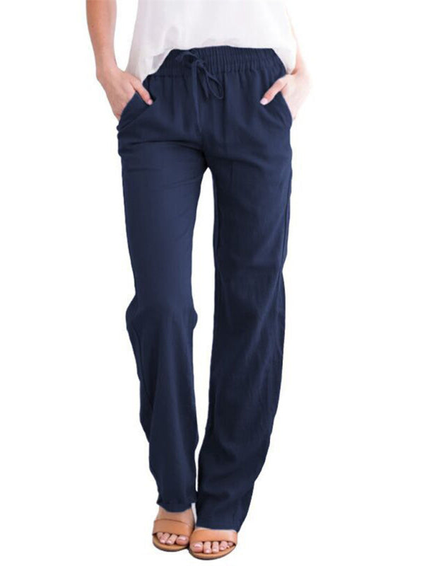 Women's Solid Color Cotton Linen Drawstring Loose Casual Wide Leg Trousers Shello's Creative Boutique