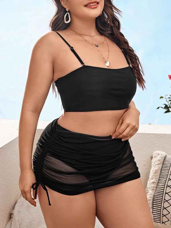 Plus Size Women's Sling Backless Mesh Drawstring Bikini Set - Sophisticated Swimwear for All-Day Confidence