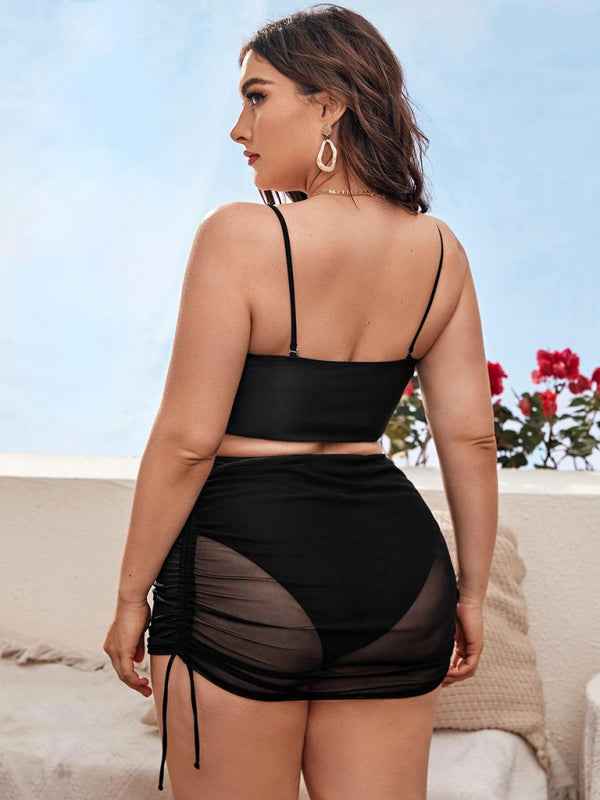 Plus Size Women's Sling Backless Mesh Drawstring Bikini Set - Sophisticated Swimwear for All-Day Confidence