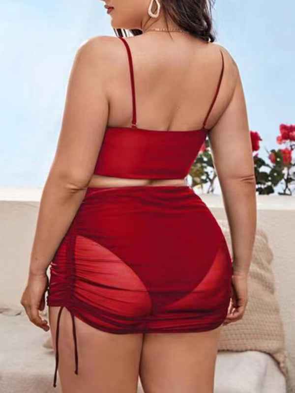 Plus Size Women's Sling Backless Mesh Drawstring Bikini Set - Sophisticated Swimwear for All-Day Confidence