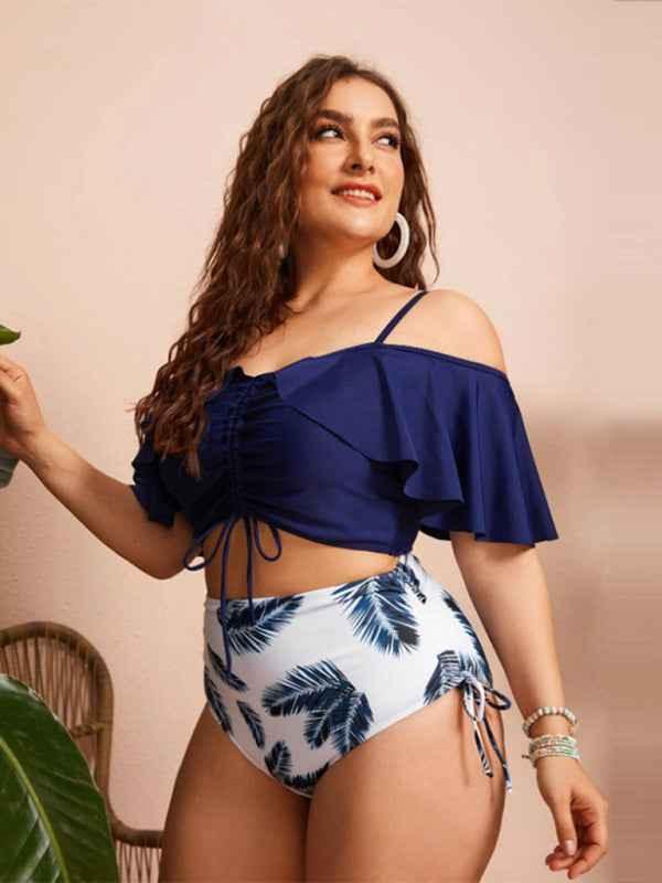 Plus Size Ruffle Bikini - Women's One Shoulder High Waist Drawstring Ruffle Swimsuit Set - Shello's Creative Boutique