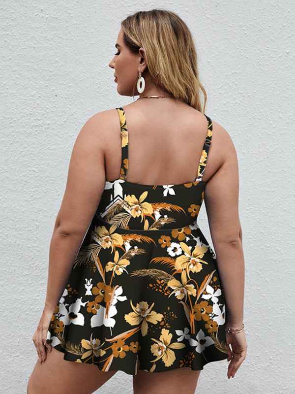 Ladies Plus Size Printed Split Boxer Swimsuit Set - Bohemian Elegance for Spring-Summer
