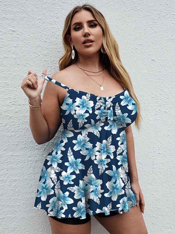 Ladies Plus Size Printed Split Boxer Swimsuit Set - Bohemian Elegance for Spring-Summer