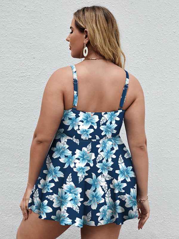 Ladies Plus Size Printed Split Boxer Swimsuit Set - Bohemian Elegance for Spring-Summer