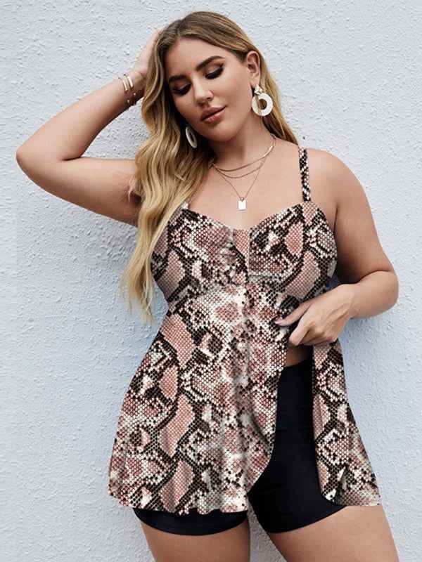 Ladies Plus Size Printed Split Boxer Swimsuit Set - Bohemian Elegance for Spring-Summer