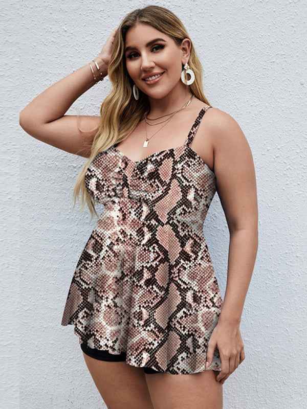 Ladies Plus Size Printed Split Boxer Swimsuit Set - Bohemian Elegance for Spring-Summer