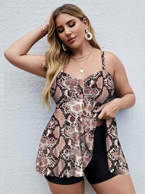 Ladies Plus Size Printed Split Boxer Swimsuit Set - Bohemian Elegance for Spring-Summer