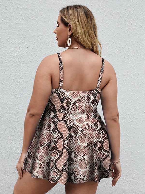 Ladies Plus Size Printed Split Boxer Swimsuit Set - Bohemian Elegance for Spring-Summer