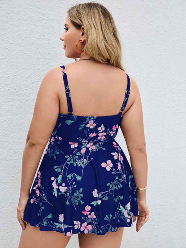 Ladies Plus Size Printed Split Boxer Swimsuit Set - Bohemian Elegance for Spring-Summer