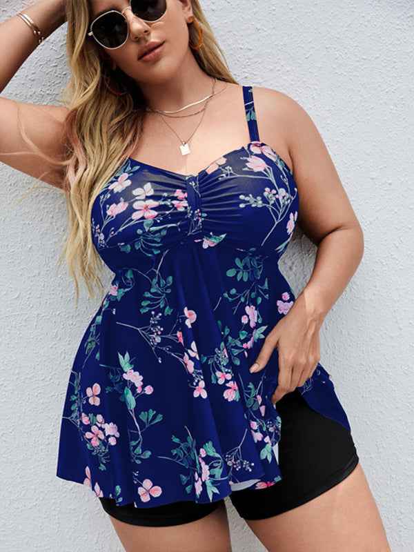 Ladies Plus Size Printed Split Boxer Swimsuit Set - Bohemian Elegance for Spring-Summer