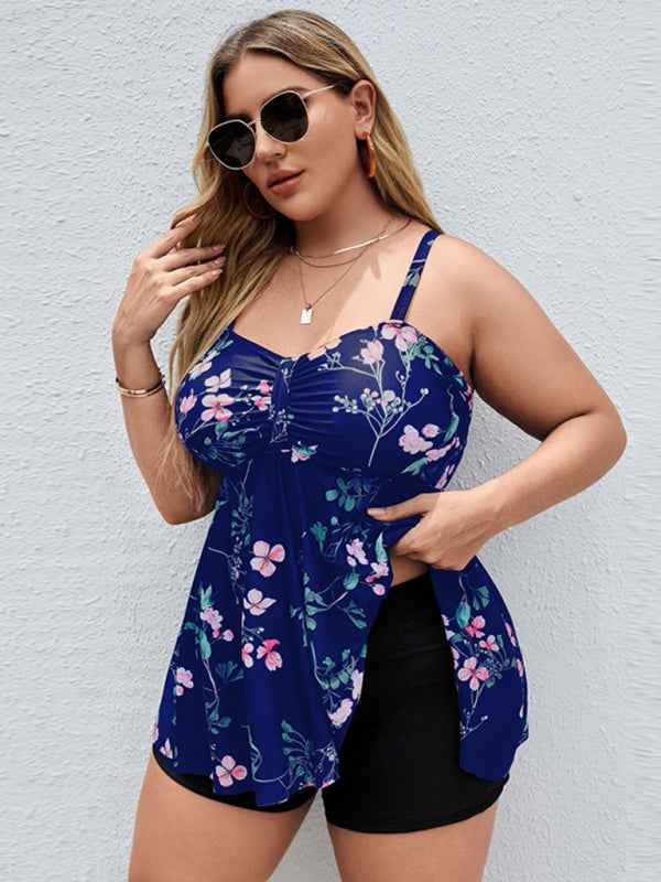 Ladies Plus Size Printed Split Boxer Swimsuit Set - Bohemian Elegance for Spring-Summer