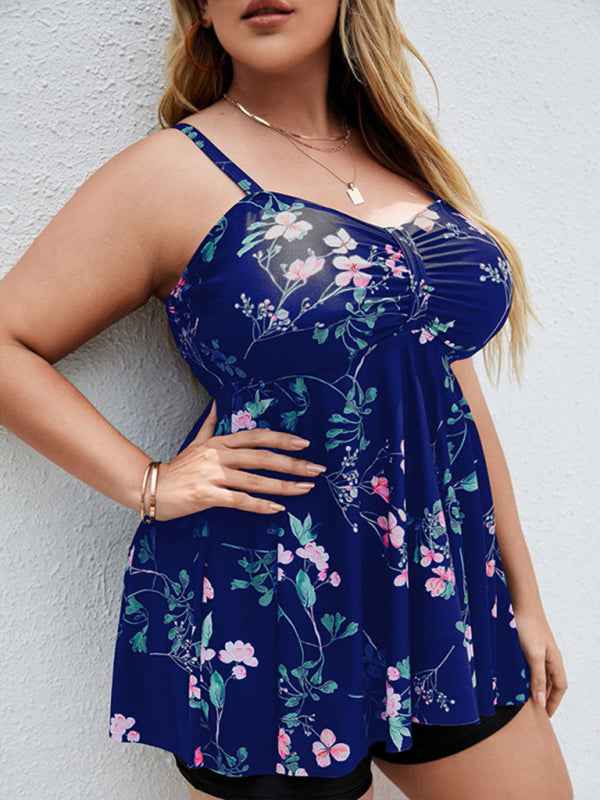 Ladies Plus Size Printed Split Boxer Swimsuit Set - Bohemian Elegance for Spring-Summer