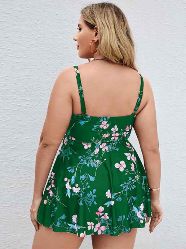 Ladies Plus Size Printed Split Boxer Swimsuit Set - Bohemian Elegance for Spring-Summer