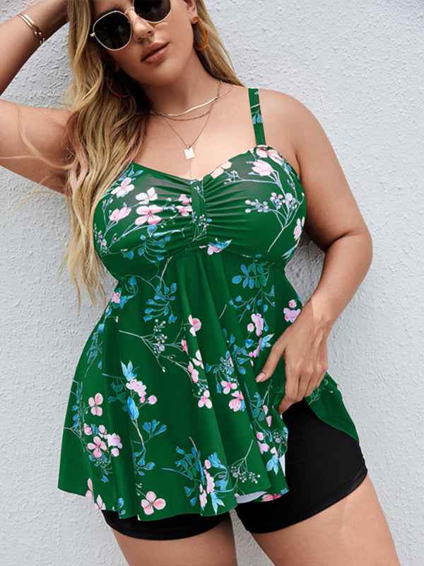 Ladies Plus Size Printed Split Boxer Swimsuit Set - Bohemian Elegance for Spring-Summer