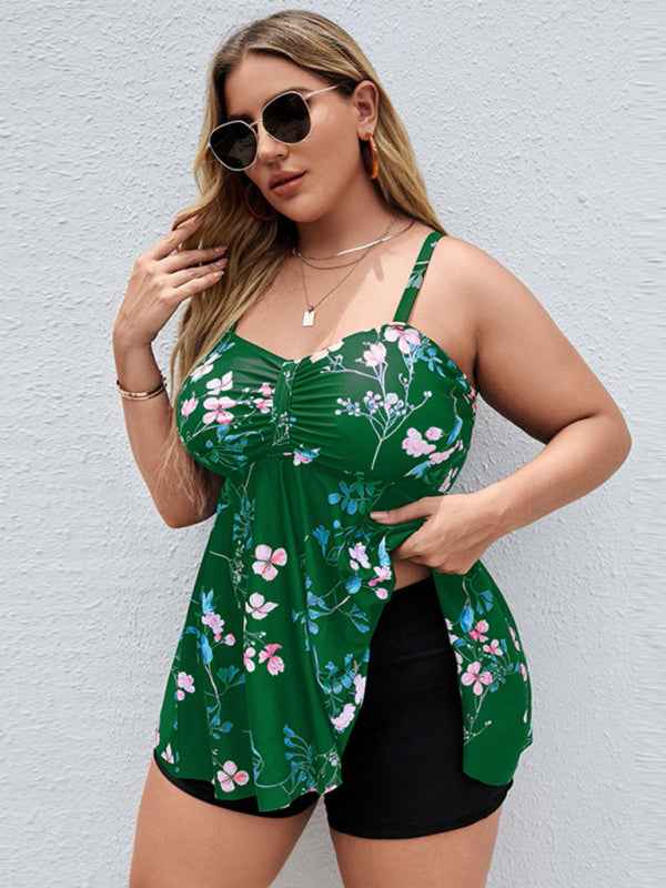 Ladies Plus Size Printed Split Boxer Swimsuit Set - Bohemian Elegance for Spring-Summer