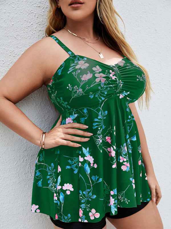 Ladies Plus Size Printed Split Boxer Swimsuit Set - Bohemian Elegance for Spring-Summer
