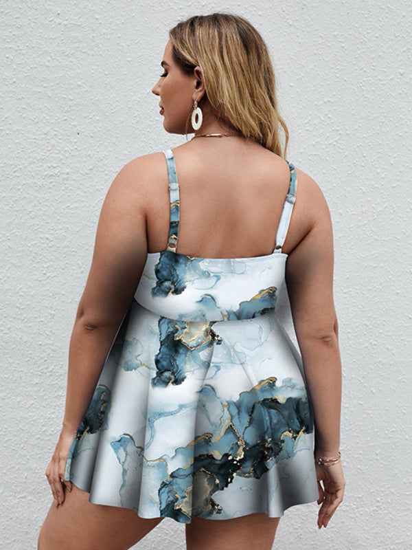 Ladies Plus Size Printed Split Boxer Swimsuit Set - Bohemian Elegance for Spring-Summer