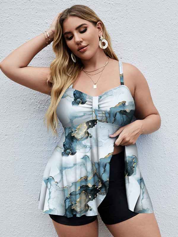 Ladies Plus Size Printed Split Boxer Swimsuit Set - Bohemian Elegance for Spring-Summer