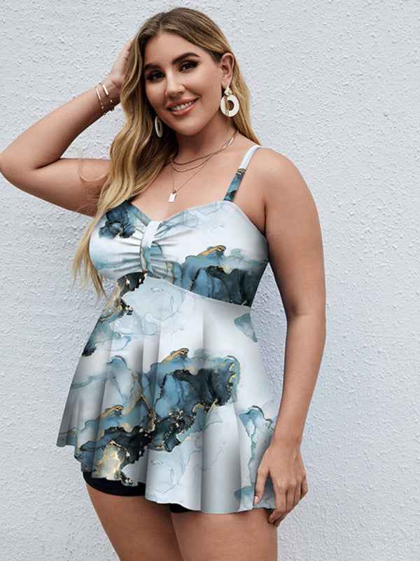 Ladies Plus Size Printed Split Boxer Swimsuit Set - Bohemian Elegance for Spring-Summer