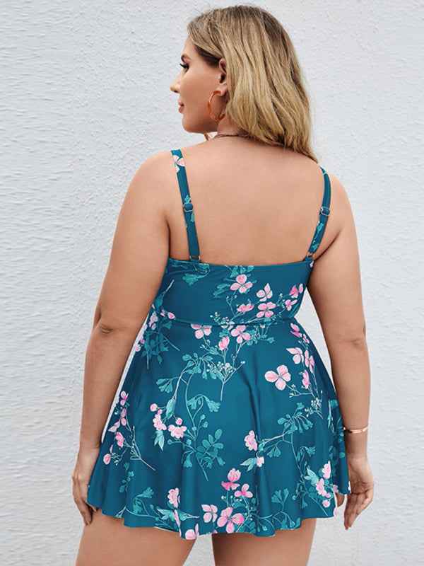 Ladies Plus Size Printed Split Boxer Swimsuit Set - Bohemian Elegance for Spring-Summer