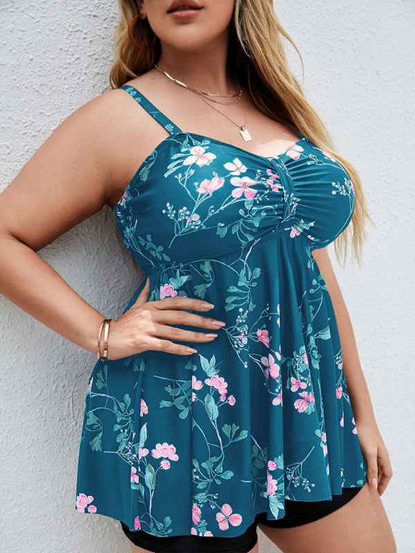 Ladies Plus Size Printed Split Boxer Swimsuit Set - Bohemian Elegance for Spring-Summer