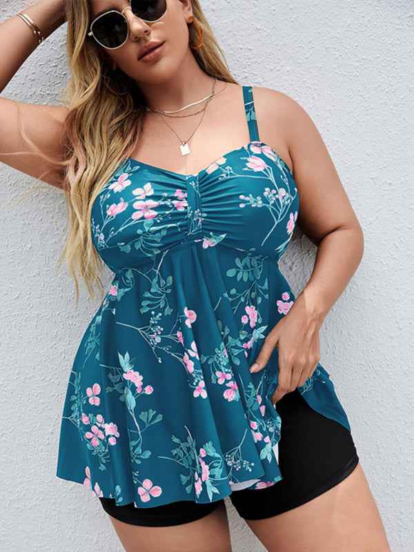 Ladies Plus Size Printed Split Boxer Swimsuit Set - Bohemian Elegance for Spring-Summer