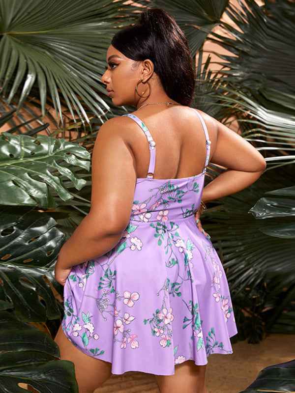 Ladies Plus Size Printed Split Boxer Swimsuit Set - Bohemian Elegance for Spring-Summer