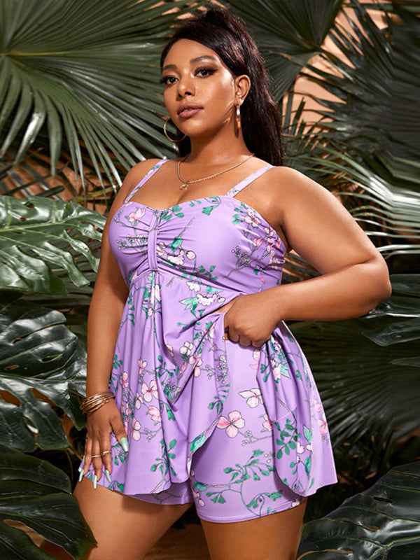 Ladies Plus Size Printed Split Boxer Swimsuit Set - Bohemian Elegance for Spring-Summer