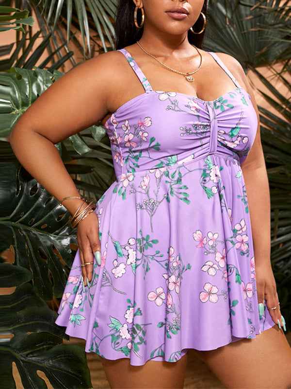 Ladies Plus Size Printed Split Boxer Swimsuit Set - Bohemian Elegance for Spring-Summer