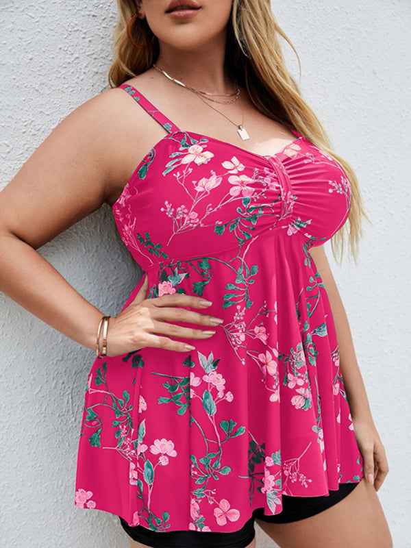Ladies Plus Size Printed Split Boxer Swimsuit Set - Bohemian Elegance for Spring-Summer