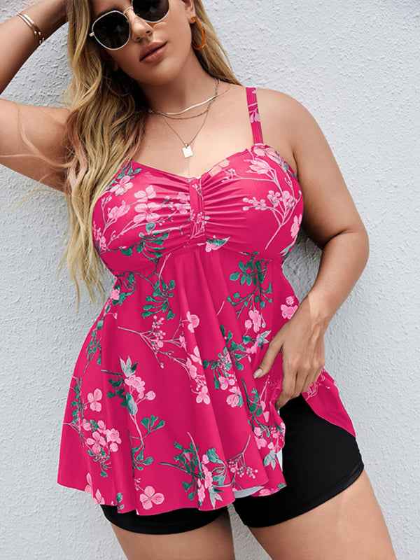 Ladies Plus Size Printed Split Boxer Swimsuit Set - Bohemian Elegance for Spring-Summer