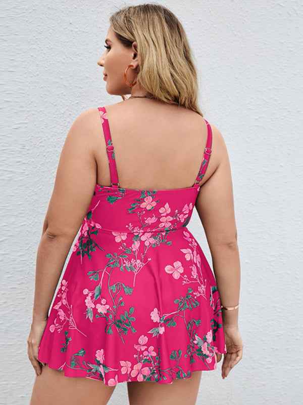 Ladies Plus Size Printed Split Boxer Swimsuit Set - Bohemian Elegance for Spring-Summer