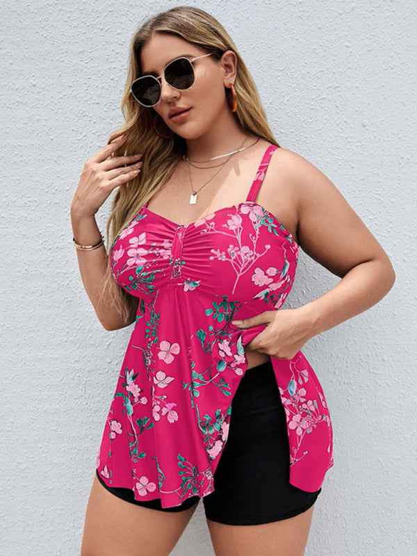 Ladies Plus Size Printed Split Boxer Swimsuit Set - Bohemian Elegance for Spring-Summer