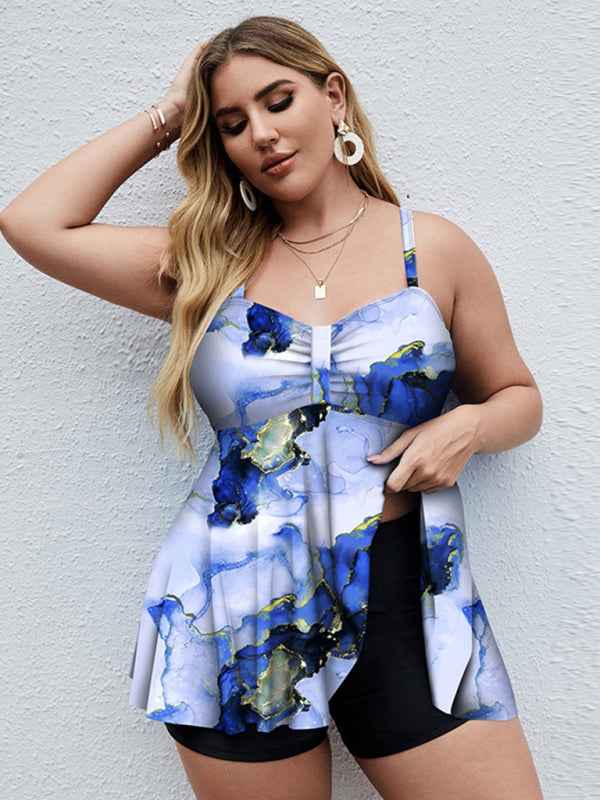 Ladies Plus Size Printed Split Boxer Swimsuit Set - Bohemian Elegance for Spring-Summer